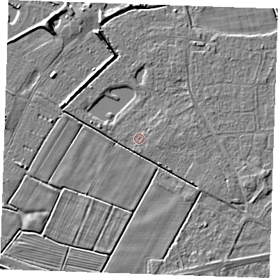 Shaded relief map of the ground around PE251TR, computed from Environment Agency LiDAR. The ground here sits at about 2 m above sea level and falls 5 m across the surrounding 800 m. Surface water reaching this point runs off ground lying to the east-south-east, 0.9 m higher.