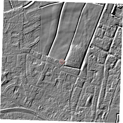 Shaded relief map of the ground around PE251TS, computed from Environment Agency LiDAR. The ground here sits at about 2 m above sea level and falls 5 m across the surrounding 800 m. Surface water reaching this point runs off ground lying to the west-south-west, 0.6 m higher.