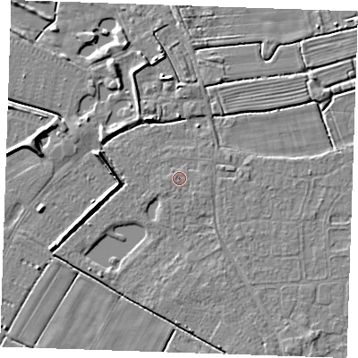 Shaded relief map of the ground around PE251TT, computed from Environment Agency LiDAR. The ground here sits at about 2 m above sea level and falls 5 m across the surrounding 800 m. Surface water reaching this point runs off ground lying to the east, 0.5 m higher.