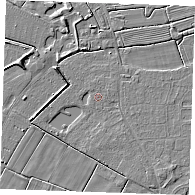 Shaded relief map of the ground around PE251TU, computed from Environment Agency LiDAR. The ground here sits at about 2 m above sea level and falls 5 m across the surrounding 800 m. Surface water reaching this point runs off ground lying to the north-east, 0.6 m higher.