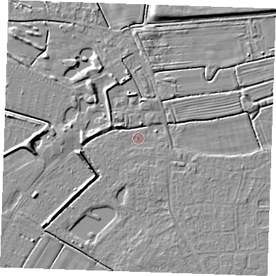 Shaded relief map of the ground around PE251TW, computed from Environment Agency LiDAR. The ground here sits at about 2 m above sea level and falls 5 m across the surrounding 800 m. Surface water reaching this point runs off ground lying to the east-north-east, 1.3 m higher.