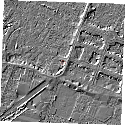 Shaded relief map of the ground around PE252AA, computed from Environment Agency LiDAR. The ground here sits at about 2 m above sea level and falls 3 m across the surrounding 800 m. Surface water reaching this point runs off ground lying to the south-south-west, 2.8 m higher.