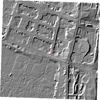 Shaded relief map of the ground around PE252AD, computed from Environment Agency LiDAR. The ground here sits at about 3 m above sea level and falls 7 m across the surrounding 800 m. Surface water reaching this point runs off ground lying to the east-north-east, 3.7 m higher.