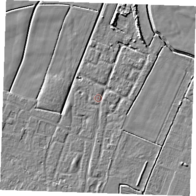Shaded relief map of the ground around PE252AE, computed from Environment Agency LiDAR. The ground here sits at about 2 m above sea level and falls 5 m across the surrounding 800 m. Surface water reaching this point runs off ground lying to the south-south-west, 2.1 m higher.