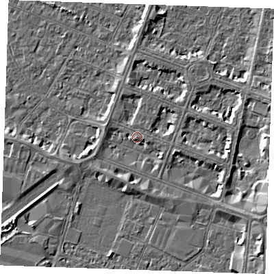Shaded relief map of the ground around PE252AG, computed from Environment Agency LiDAR. The ground here sits at about 4 m above sea level and falls 5 m across the surrounding 800 m. Surface water reaching this point runs off ground lying to the east-south-east, 3.7 m higher.