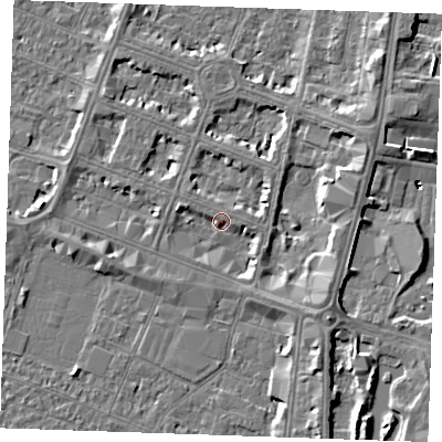 Shaded relief map of the ground around PE252AJ, computed from Environment Agency LiDAR. The ground here sits at about 4 m above sea level and falls 6 m across the surrounding 800 m. Surface water reaching this point runs off ground lying to the east-north-east, 3.8 m higher.