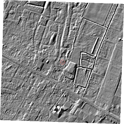 Shaded relief map of the ground around PE252AN, computed from Environment Agency LiDAR. The ground here sits at about 2 m above sea level and falls 3 m across the surrounding 800 m. Surface water reaching this point runs off ground lying to the east-south-east, 1.4 m higher.