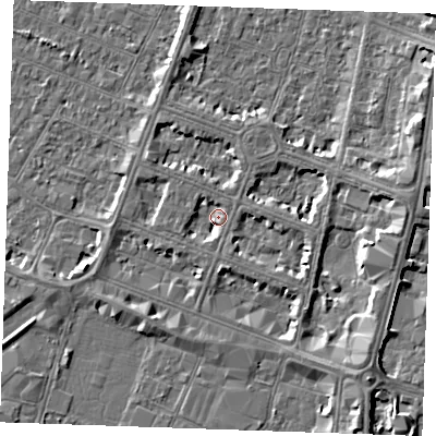 Shaded relief map of the ground around PE252AP, computed from Environment Agency LiDAR. The ground here sits at about 3 m above sea level and falls 5 m across the surrounding 800 m. Surface water reaching this point runs off ground lying to the east-south-east, 2.4 m higher.