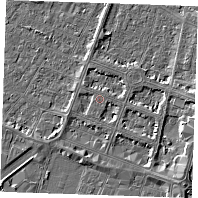 Shaded relief map of the ground around PE252AR, computed from Environment Agency LiDAR. The ground here sits at about 4 m above sea level and falls 5 m across the surrounding 800 m. The ground contributing surface water to this point lies to the east-south-east.