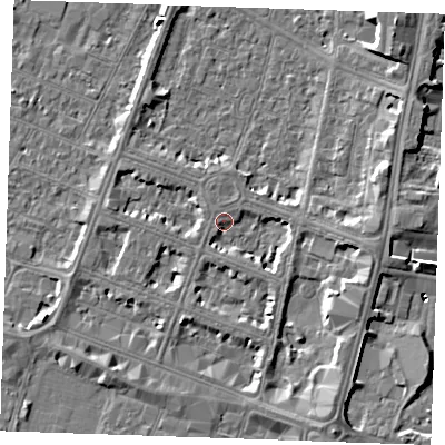 Shaded relief map of the ground around PE252AT, computed from Environment Agency LiDAR. The ground here sits at about 4 m above sea level and falls 7 m across the surrounding 800 m. Surface water reaching this point runs off ground lying to the east, 3.3 m higher.