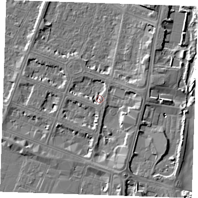 Shaded relief map of the ground around PE252AX, computed from Environment Agency LiDAR. The ground here sits at about 4 m above sea level and falls 8 m across the surrounding 800 m. Surface water reaching this point runs off ground lying to the east-north-east, 3.3 m higher.
