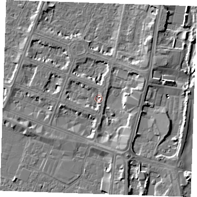 Shaded relief map of the ground around PE252AY, computed from Environment Agency LiDAR. The ground here sits at about 3 m above sea level and falls 7 m across the surrounding 800 m. Surface water reaching this point runs off ground lying to the south, 1.9 m higher.