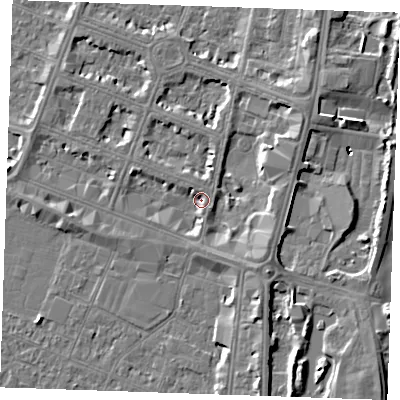 Shaded relief map of the ground around PE252AZ, computed from Environment Agency LiDAR. The ground here sits at about 3 m above sea level and falls 6 m across the surrounding 800 m. Surface water reaching this point runs off ground lying to the east-north-east, 3.8 m higher.