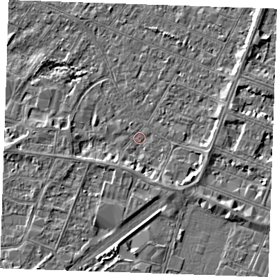 Shaded relief map of the ground around PE252BP, computed from Environment Agency LiDAR. The ground here sits at about 2 m above sea level and falls 4 m across the surrounding 800 m. Surface water reaching this point runs off ground lying to the south-east, 2.8 m higher.