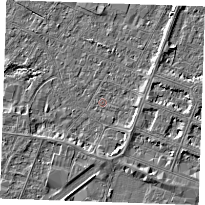 Shaded relief map of the ground around PE252BU, computed from Environment Agency LiDAR. The ground here sits at about 2 m above sea level and falls 4 m across the surrounding 800 m. Surface water reaching this point runs off ground lying to the south-east, 1.7 m higher.