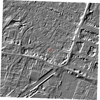Shaded relief map of the ground around PE252BW, computed from Environment Agency LiDAR. The ground here sits at about 2 m above sea level and falls 4 m across the surrounding 800 m. Surface water reaching this point runs off ground lying to the south-east, 2.8 m higher.