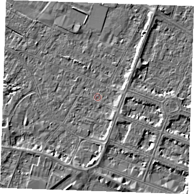 Shaded relief map of the ground around PE252BX, computed from Environment Agency LiDAR. The ground here sits at about 2 m above sea level and falls 4 m across the surrounding 800 m. Surface water reaching this point runs off ground lying to the east-south-east, 2.1 m higher.