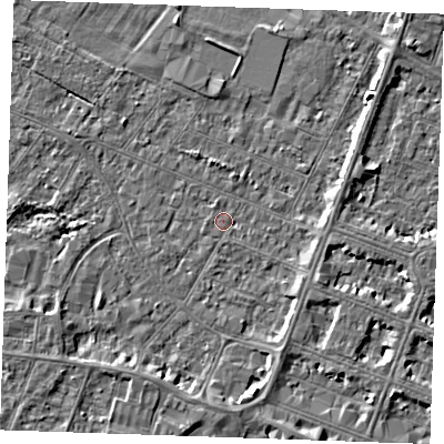 Shaded relief map of the ground around PE252BZ, computed from Environment Agency LiDAR. The ground here sits at about 2 m above sea level and falls 4 m across the surrounding 800 m. Surface water reaching this point runs off ground lying to the east-south-east, 2.4 m higher.