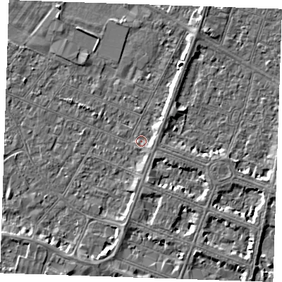 Shaded relief map of the ground around PE252DA, computed from Environment Agency LiDAR. The ground here sits at about 2 m above sea level and falls 4 m across the surrounding 800 m. Surface water reaching this point runs off ground lying to the north-north-east, 3.2 m higher.