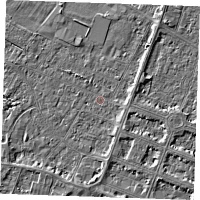 Shaded relief map of the ground around PE252DB, computed from Environment Agency LiDAR. The ground here sits at about 2 m above sea level and falls 4 m across the surrounding 800 m. Surface water reaching this point runs off ground lying to the south-east, 2.1 m higher.