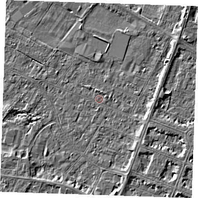 Shaded relief map of the ground around PE252DD, computed from Environment Agency LiDAR. The ground here sits at about 2 m above sea level and falls 4 m across the surrounding 800 m. Surface water reaching this point runs off ground lying to the south-east, 2.4 m higher.