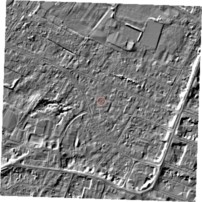 Shaded relief map of the ground around PE252DE, computed from Environment Agency LiDAR. The ground here sits at about 2 m above sea level and falls 4 m across the surrounding 800 m. Surface water reaching this point runs off ground lying to the east-south-east, 2.4 m higher.