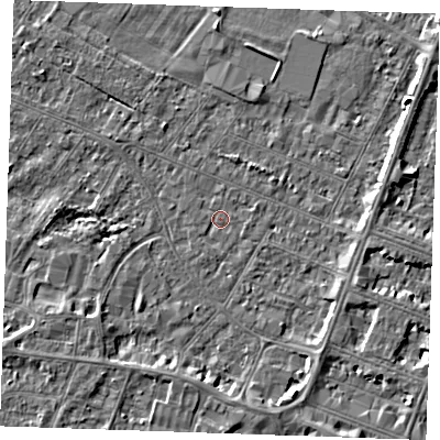 Shaded relief map of the ground around PE252DF, computed from Environment Agency LiDAR. The ground here sits at about 2 m above sea level and falls 4 m across the surrounding 800 m. Surface water reaching this point runs off ground lying to the east-south-east, 2.4 m higher.