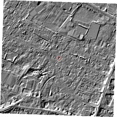 Shaded relief map of the ground around PE252DG, computed from Environment Agency LiDAR. The ground here sits at about 2 m above sea level and falls 3 m across the surrounding 800 m. Surface water reaching this point runs off ground lying to the south-west, 2.8 m higher.