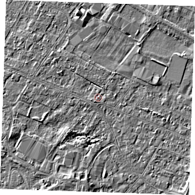 Shaded relief map of the ground around PE252DL, computed from Environment Agency LiDAR. The ground here sits at about 2 m above sea level and falls 3 m across the surrounding 800 m. Surface water reaching this point runs off ground lying to the south-west, 0.9 m higher.