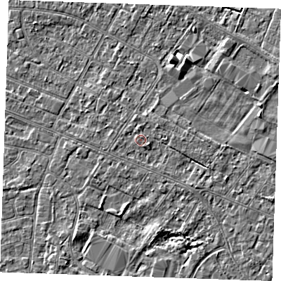 Shaded relief map of the ground around PE252DP, computed from Environment Agency LiDAR. The ground here sits at about 2 m above sea level and falls 3 m across the surrounding 800 m. Surface water reaching this point runs off ground lying to the east-south-east, 0.9 m higher.