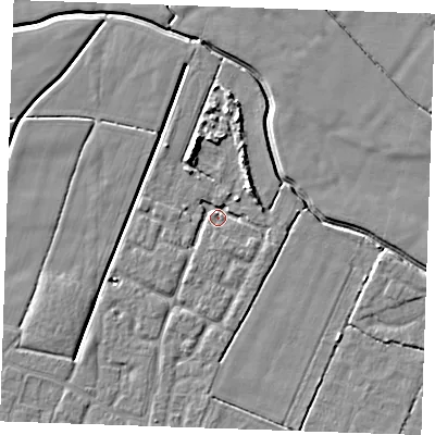 Shaded relief map of the ground around PE252DQ, computed from Environment Agency LiDAR. The ground here sits at about 2 m above sea level and falls 5 m across the surrounding 800 m. Surface water reaching this point runs off ground lying to the north-north-west, 5.0 m higher.