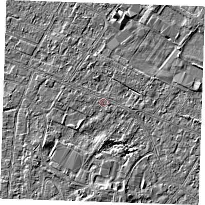 Shaded relief map of the ground around PE252DR, computed from Environment Agency LiDAR. The ground here sits at about 2 m above sea level and falls 3 m across the surrounding 800 m. Surface water reaching this point runs off ground lying to the south, 2.6 m higher.