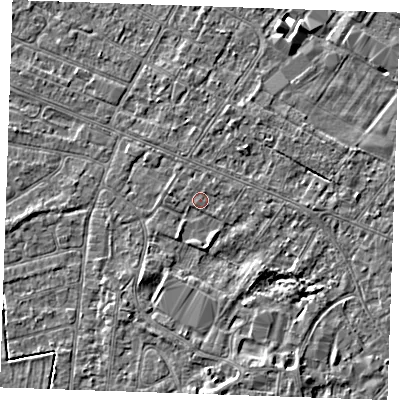 Shaded relief map of the ground around PE252DS, computed from Environment Agency LiDAR. The ground here sits at about 2 m above sea level and falls 4 m across the surrounding 800 m. Surface water reaching this point runs off ground lying to the south-south-west, 0.9 m higher.