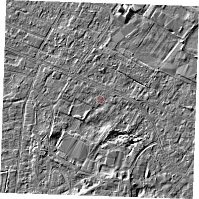 Shaded relief map of the ground around PE252DT, computed from Environment Agency LiDAR. The ground here sits at about 2 m above sea level and falls 4 m across the surrounding 800 m. Surface water reaching this point runs off ground lying to the south, 2.6 m higher.