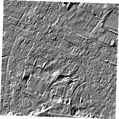 Shaded relief map of the ground around PE252DU, computed from Environment Agency LiDAR. The ground here sits at about 2 m above sea level and falls 3 m across the surrounding 800 m. Surface water reaching this point runs off ground lying to the south-south-west, 2.8 m higher.