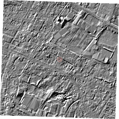 Shaded relief map of the ground around PE252DW, computed from Environment Agency LiDAR. The ground here sits at about 2 m above sea level and falls 3 m across the surrounding 800 m. Surface water reaching this point runs off ground lying to the west-north-west, 1.6 m higher.