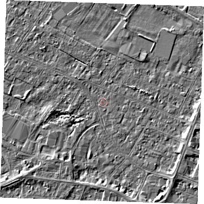 Shaded relief map of the ground around PE252EA, computed from Environment Agency LiDAR. The ground here sits at about 2 m above sea level and falls 3 m across the surrounding 800 m. Surface water reaching this point runs off ground lying to the south-south-east, 2.8 m higher.
