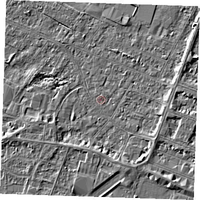 Shaded relief map of the ground around PE252EE, computed from Environment Agency LiDAR. The ground here sits at about 2 m above sea level and falls 4 m across the surrounding 800 m. Surface water reaching this point runs off ground lying to the south-east, 2.8 m higher.