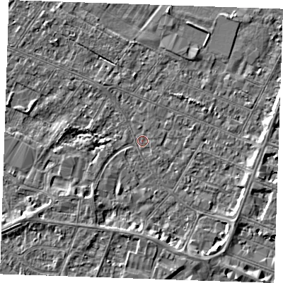 Shaded relief map of the ground around PE252EF, computed from Environment Agency LiDAR. The ground here sits at about 2 m above sea level and falls 3 m across the surrounding 800 m. Surface water reaching this point runs off ground lying to the south-east, 2.8 m higher.