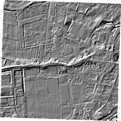Shaded relief map of the ground around PE252EJ, computed from Environment Agency LiDAR. The ground here sits at about 3 m above sea level and falls 5 m across the surrounding 800 m. Surface water reaching this point runs off ground lying to the south-west, 1.6 m higher.