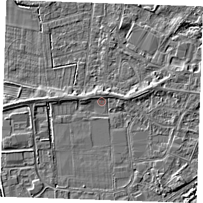 Shaded relief map of the ground around PE252EL, computed from Environment Agency LiDAR. The ground here sits at about 3 m above sea level and falls 5 m across the surrounding 800 m. Surface water reaching this point runs off ground lying to the west, 3.8 m higher.