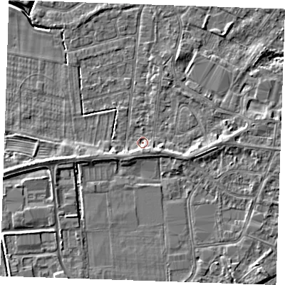 Shaded relief map of the ground around PE252EP, computed from Environment Agency LiDAR. The ground here sits at about 2 m above sea level and falls 5 m across the surrounding 800 m. Surface water reaching this point runs off ground lying to the east-south-east, 1.9 m higher.