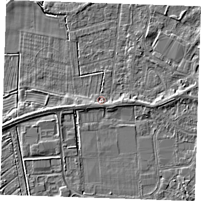 Shaded relief map of the ground around PE252ER, computed from Environment Agency LiDAR. The ground here sits at about 3 m above sea level and falls 5 m across the surrounding 800 m. Surface water reaching this point runs off ground lying to the south, 1.5 m higher.
