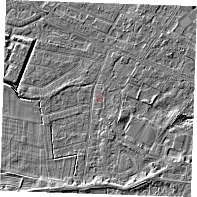 Shaded relief map of the ground around PE252ES, computed from Environment Agency LiDAR. The ground here sits at about 2 m above sea level and falls 4 m across the surrounding 800 m. The ground contributing surface water to this point lies to the south-east.