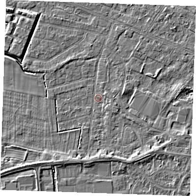 Shaded relief map of the ground around PE252EU, computed from Environment Agency LiDAR. The ground here sits at about 2 m above sea level and falls 5 m across the surrounding 800 m. Surface water reaching this point runs off ground lying to the south, 2.6 m higher.