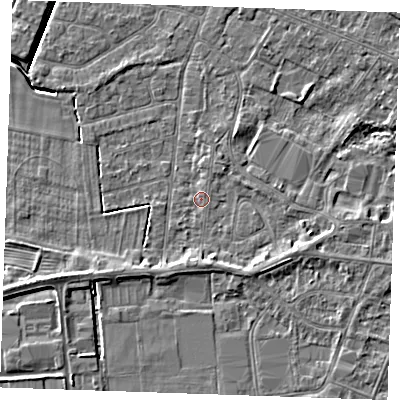 Shaded relief map of the ground around PE252EW, computed from Environment Agency LiDAR. The ground here sits at about 3 m above sea level and falls 5 m across the surrounding 800 m. Surface water reaching this point runs off ground lying to the south, 1.9 m higher.