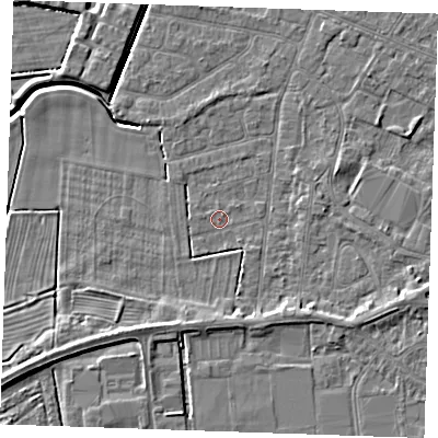 Shaded relief map of the ground around PE252EX, computed from Environment Agency LiDAR. The ground here sits at about 2 m above sea level and falls 5 m across the surrounding 800 m. Surface water reaching this point runs off ground lying to the south, 2.2 m higher.