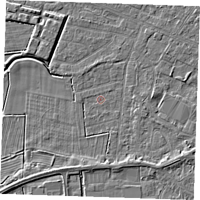 Shaded relief map of the ground around PE252EY, computed from Environment Agency LiDAR. The ground here sits at about 2 m above sea level and falls 5 m across the surrounding 800 m. Surface water reaching this point runs off ground lying to the west, 1.2 m higher.