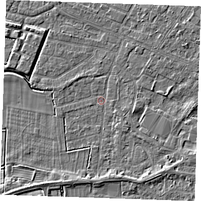 Shaded relief map of the ground around PE252EZ, computed from Environment Agency LiDAR. The ground here sits at about 2 m above sea level and falls 5 m across the surrounding 800 m. Surface water reaching this point runs off ground lying to the south-south-east, 2.6 m higher.