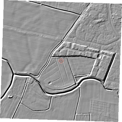 Shaded relief map of the ground around PE252FB, computed from Environment Agency LiDAR. The ground here sits at about 2 m above sea level and falls 5 m across the surrounding 800 m. Surface water reaching this point runs off ground lying to the north, 2.6 m higher.